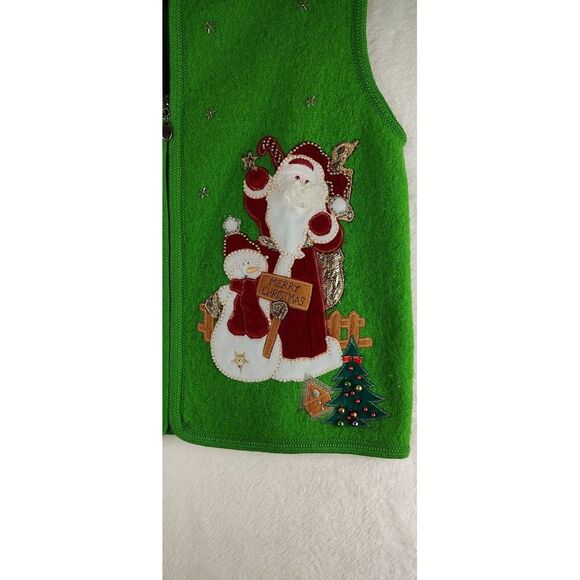 Lisa International Boiled Wool Green Vest sz L Christmas Santa Embellished - Picture 6 of 10